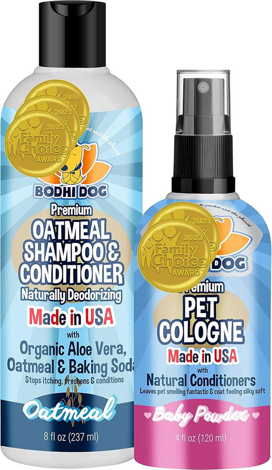 Bodhi Dog Baby Powder Scented Cat & Dog Cologne 4oz + Oatmeal Dog Shampoo & Conditioner for Pet Grooming 8oz | Moisturizing Dog Shampoo for Sensitive Skin | Deodorizing Cat and Dog Grooming Bundle