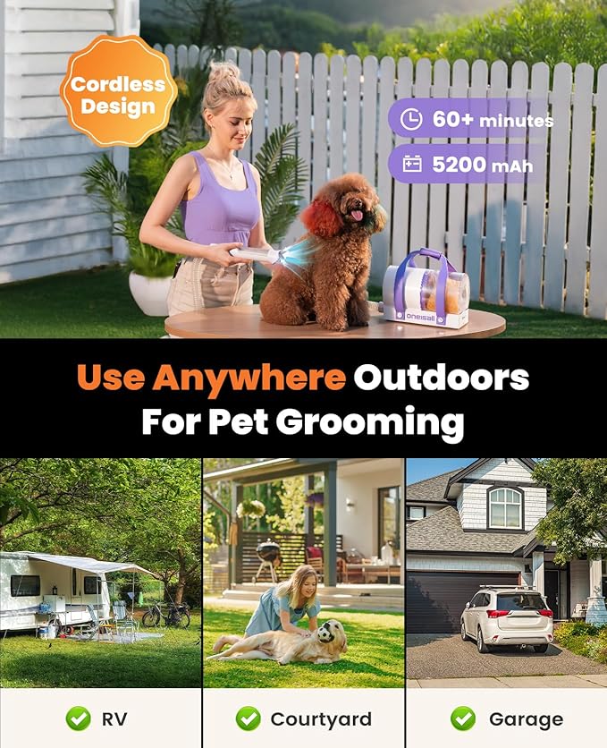 oneisall Cordless Dog Grooming Vacuum,5200 mAh Dog Grooming Kit with Clippers,Nail Grinder,Trimmer,2L Dustbin for Shedding with Grooming Tools-Quiet Suitable for All Breeds,Cleaning at Home Comfy C1