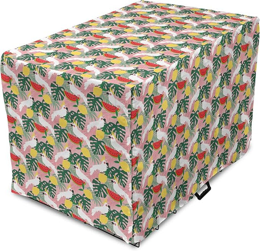 Ambesonne Summer Dog Crate Cover, Cockatoo Parrot in Exotic Forest Watermelon Slices Monstera Lemons Pattern, Easy to Use Pet Kennel Cover for Medium Large Dogs, 36 Inch, Rose and Multicolor