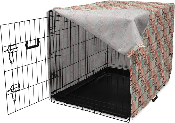 Lunarable Geometric Dog Crate Cover, Western Style Floral Motifs with Vintage Look in Checks, Easy to Use Pet Kennel Cover for Medium Large Dogs, 48 Inch, Brown Vermilion