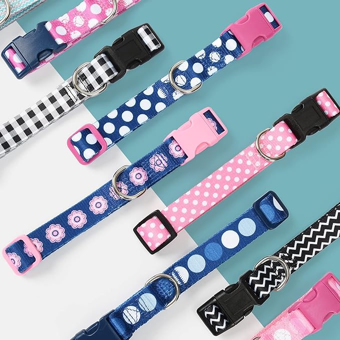 Mile High Life Dog Collar | Cute Puppy Collars | Lightweight Girl Dog Collar | Soft Boy Dog Collars | w Geometric Plaid Wave Line Pattern (Green Wave, Small)