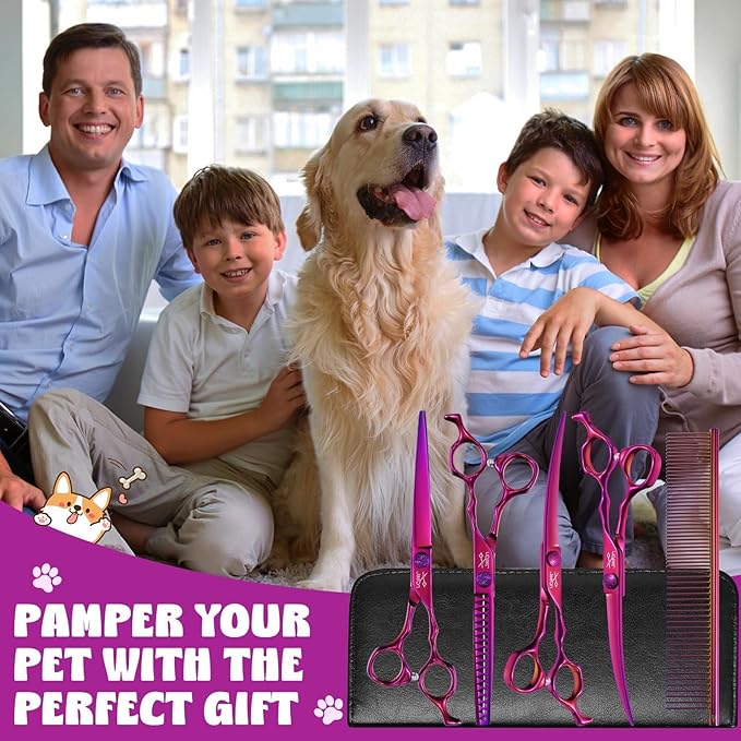 JASON Dog Grooming Scissors Set - Professional 6 in 1 Dog Shears Set - 7" Chunker, 7" Straight, 7" Up-Curved, 7" Down-curved Scissors and Comb for Cat Pet with Adjustable Screw