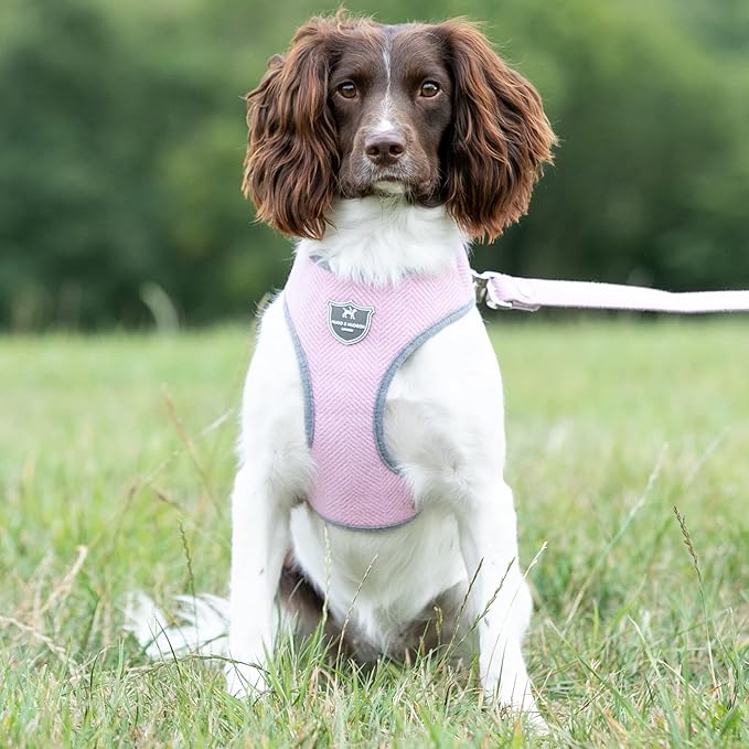 HUGO & HUDSON Dog Harness, No-Pull Anti Choke Tweed Harness Vest, Pink Herringbone, S
