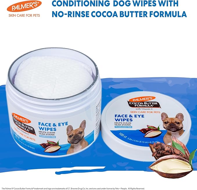 Palmer's for Pets Face and Eye Wipes with Cocoa Butter and Vitamin E, Dog Eye Cleaning and Care, Specially Fomulated for Dogs, 100ct