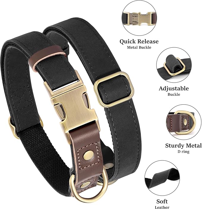 Didog Soft Padded Leather Dog Collars for Small Dogs, Classic Heavy Duty Dog Collar with Quick Release Metal Buckle, Adjustable Small Dog Collar Leather,Black,S