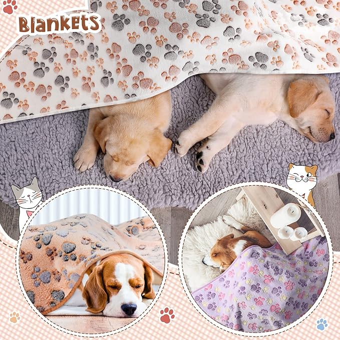 Tatuo 4 Pcs Dog Blanket Pet Puppy Blanket Puppy Teething Toys Paw Print Fleece Blanket for Pet Cat Soft Warm Sleep Mat Guinea Pig Cage Blanket(XXX-Large(51 x 63 Inch),White, Coffee, Pink, Purple)