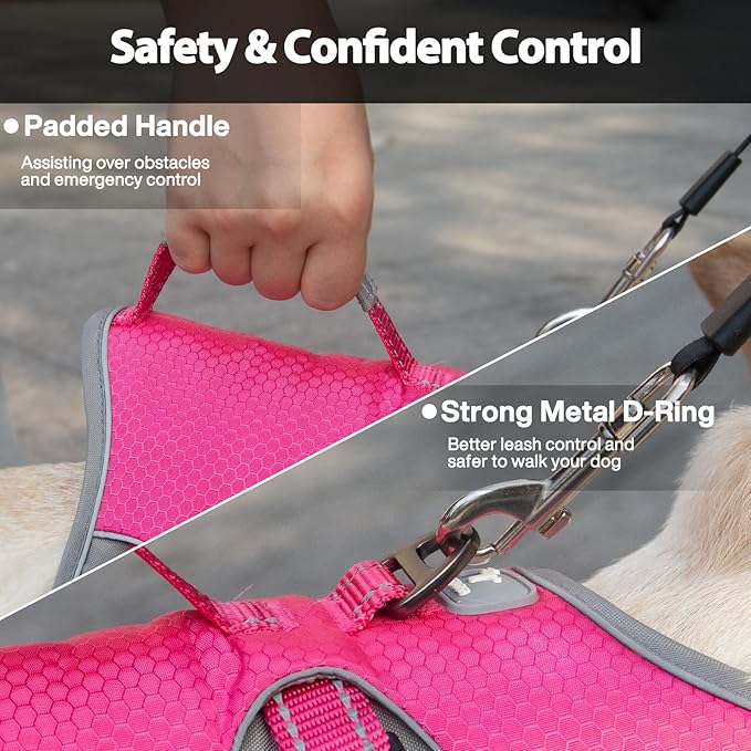 Escape Proof Dog Harness, Escape Artist Harness, Reflective Dog Harness with Handle, Durable,Adjustable Vest for Small Medium Large Dogs Walking, Training, and Running Gear(Rose Red, XL)