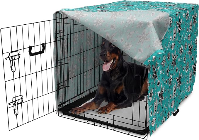 Lunarable Flower Dog Crate Cover, Abstract Monochrome Floral with Botanical Items, Easy to Use Pet Kennel Cover for Medium Large Dogs, 42 Inch, Seafoam Grey