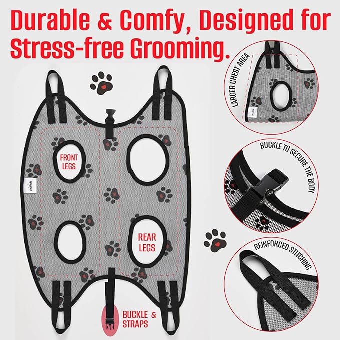 Dog Grooming Hammock for Small Pets – Pet Restraint for Nail Trimming with Pet Nail Clipper – Dog Sling for Grooming, Pet Hammock for Nail Cutting & Grooming Harness (Legs Spacing: 9-12”)/Max W:30lb)
