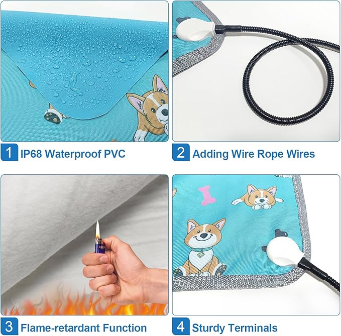 Dog Heating Pad 34x21in Waterproof Pet Heating Pad for Dogs Smart Thermostat Switch, Whelping Supplies Heated Dog Bed,Adding Wire Rope Wires Puppy Heating Pad Mat-Whelping Box for Dogs-Blue