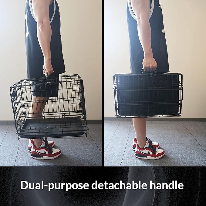 Foldable Double Door Dog Crate with Leak-Proof Tray, 36-Inch