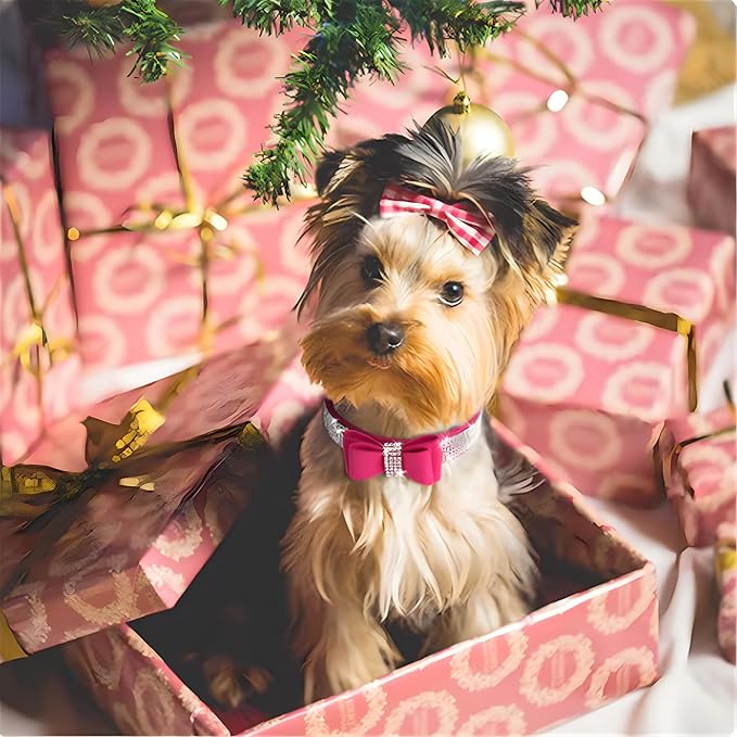 Rhinestone Bowtie Small Dog Collar and Leash Set, Diamond Puppy Collars Bow Crystal Bling Jeweled Glitter Girl Female Adjustable for XXSmall X-Small Small Medium Large Dogs (Pink-1,XSmall)