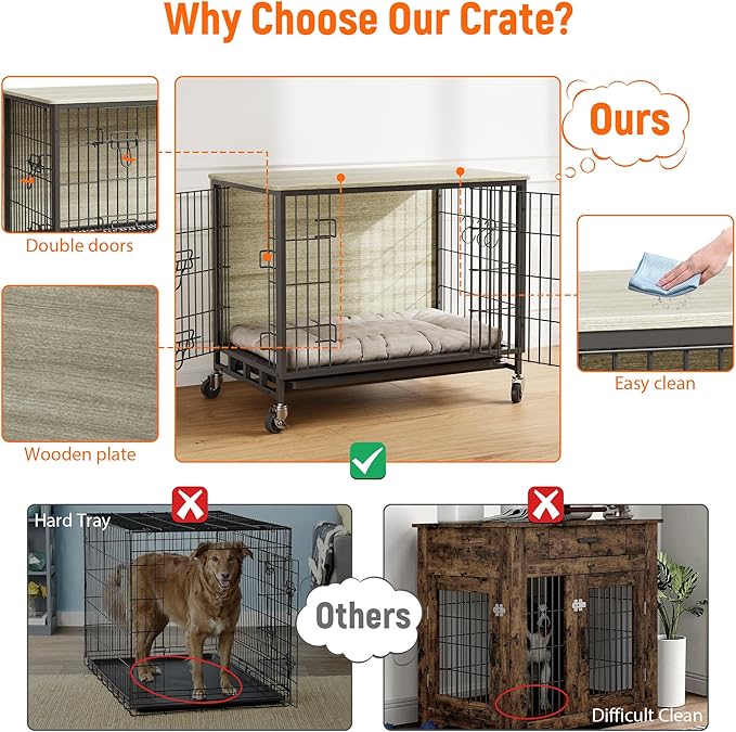 Dog Crate Furniture, 27.2" Modern Double-Door Dog House with Pull-Out Tray, Heavy-Duty Wooden Kennel & Removable Wheels, Side Table for Small Dog Sizes, Rustic Gray