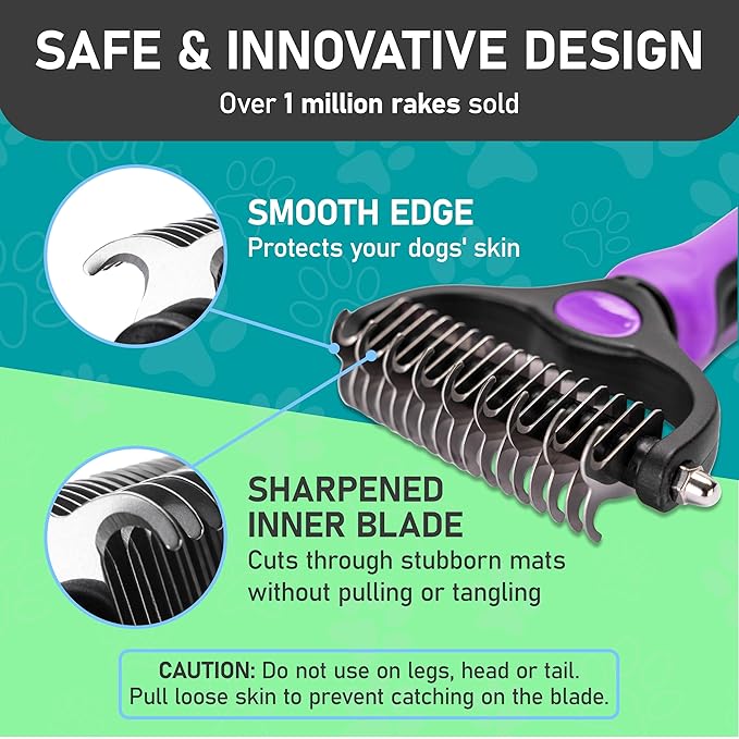 Maxpower Planet Pet Grooming Brush - Double Sided, Extra Wide for Dogs and Cats - Dematting Undercoat Rake, Reduces Shedding by 95%, Purple
