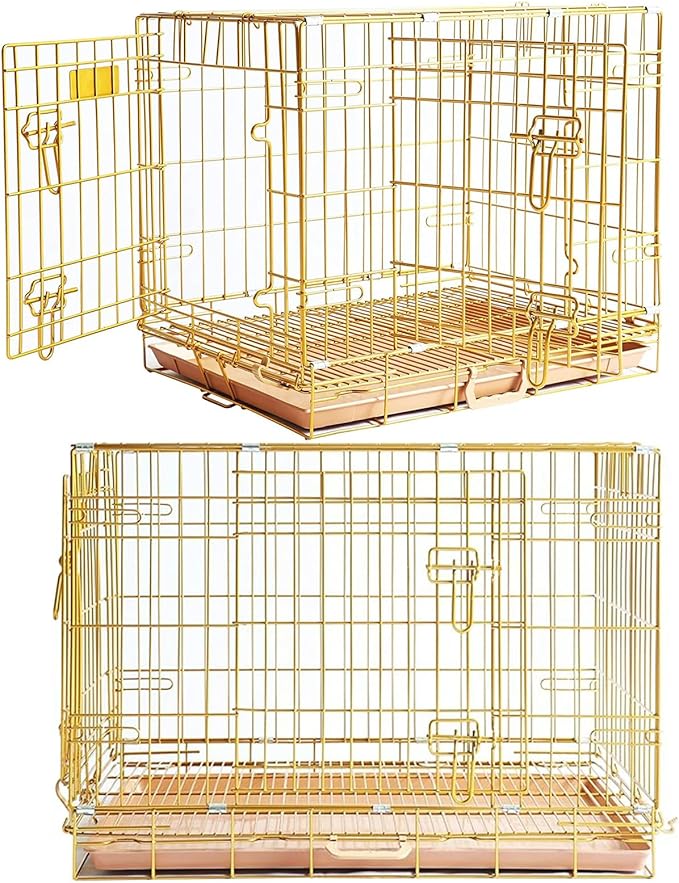 Homey Pet Dog Cage for Small Dogs, Gold Medium Dog Crate, Collapsible Dog Kennel Indoor, Nano-Coated Metal Wire Dog Crate with Removable Floor Grid Tray, Double Doors Dual Locks, GOLD24+GOLD30 Bundle