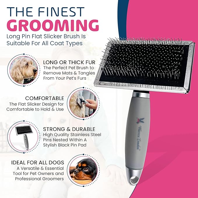 Warren London Gel-Handle Slicker Brush for Dogs | Long & Strong Pin Bristles | Doodle Brush Ideal for Thick & Long Fur | Comfortable Grooming Tool