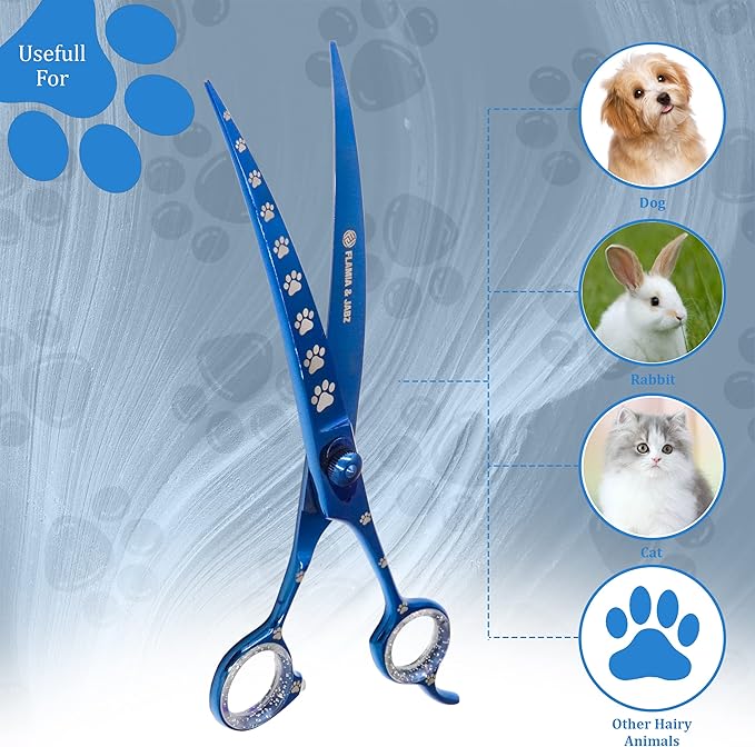 Professional Dog Grooming Scissors/Shears, Curved, with Paw Prints for Dogs, Cats & Pets (Right Handed, Blue, Stainless Steel 8 Inch)