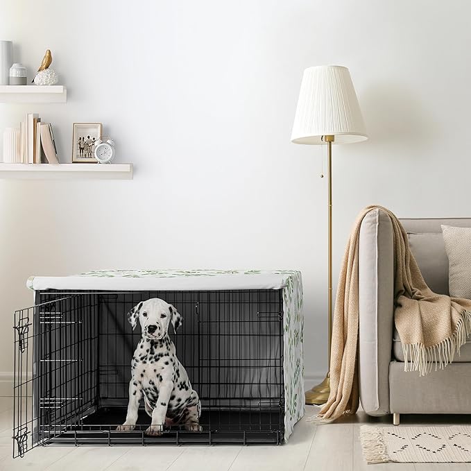 Sweet Jojo Designs Green Boho Floral Leaf Dog Crate Cover – Kennel Covers for 36 Inch Pet Cage Medium - Neutral Sage White Bohemian Watercolor Botanical Flower Woodland Tropical Garden Nature