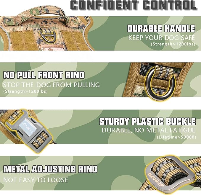 AUROTH Tactical Dog Harness for Large Dogs No Pull Adjustable Reflective K9 Working Training Easy Control Pet Vest Military Service Harnesses Woodland Camo L