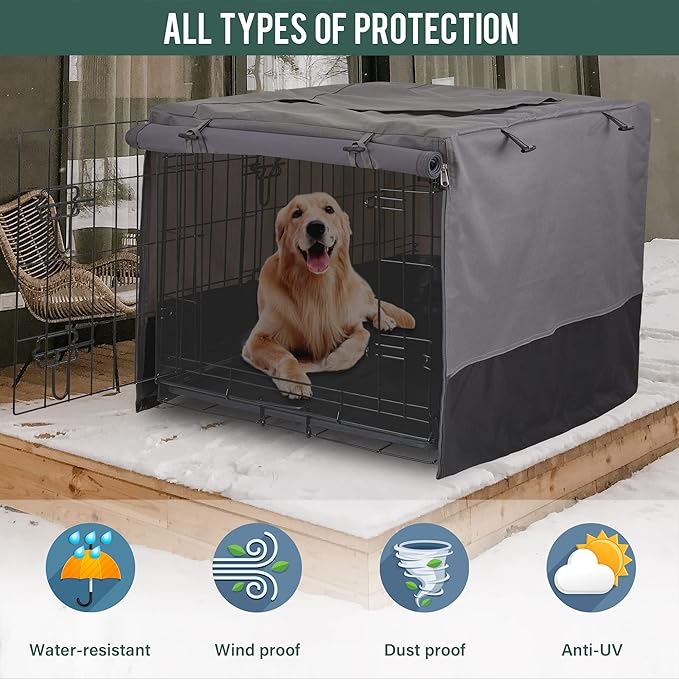 Rachmi Privacy Dog Crate Cover 48 Inch, Durable 600D Canvas Water Resistant Windproof Pet Kennel Cover for Universal Wire Crate with Double Doors, (49”Lx31”Wx33”H, Gray/Black)