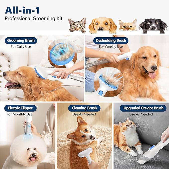Pet Grooming Vacuum Kit, Dog Clippers for Grooming,Cat Hair Brush Shedding Trimmer Supplies Tool,15Kpa Super Suction Power