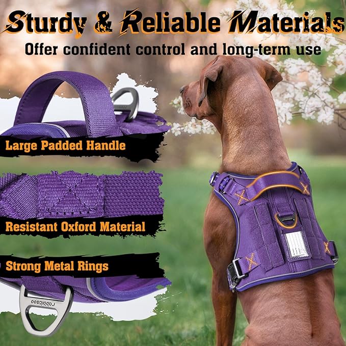 rabbitgoo Dog Harness Medium Sized No Pull, Tactical Service Dog Vest with Molle and Control Handle, Adjustable and Reflective Military Pet Harness for Easy Walking and Training, Purple, M