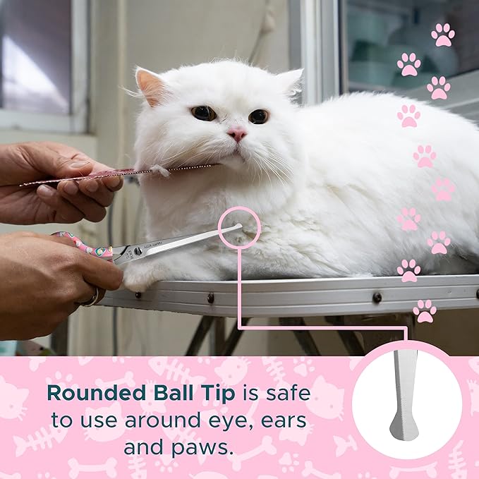Kenchii Happy Kitty Ball Tip Shears Trimming Scissors for Cats | Pet Grooming Kitten Essentials | Stainless Steel Grooming Scissors for Cats | Safety Blunt Tip Scissors and Cat Grooming Tools | 5.5 In