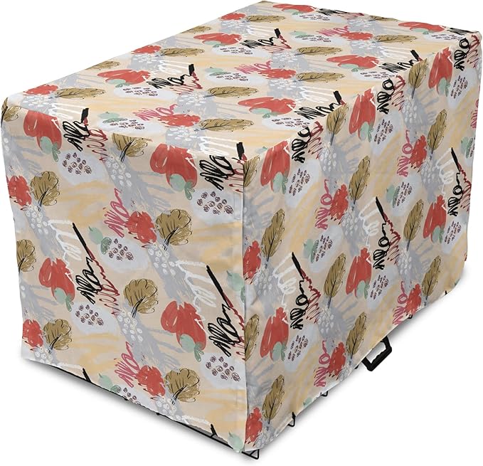 Lunarable Berries Dog Crate Cover, Random Doodle Art of Paintbrush Strokes Colorful Woodland Items Scribbles, Easy to Use Pet Kennel Cover for Cats & Medium Dogs, 24 Inch, Beige Multicolor