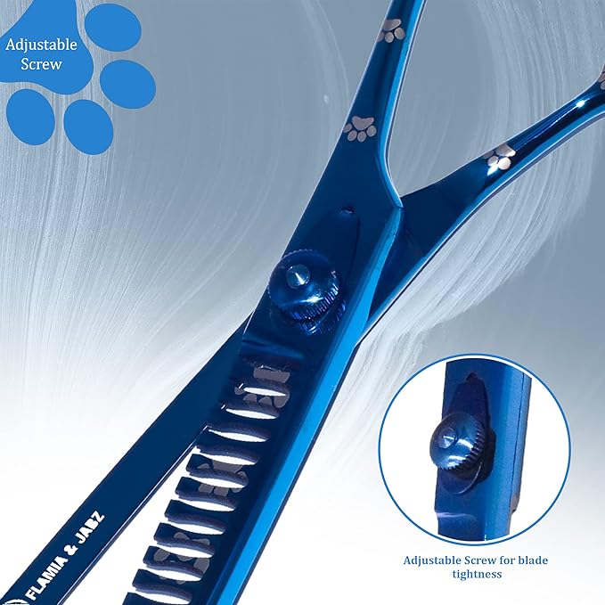 Professional Dog Grooming Chunker Shears/Scissors with Paw Prints for Dogs, Cats & Pets (Right Handed, Blue, Stainless Steel 8 Inch)