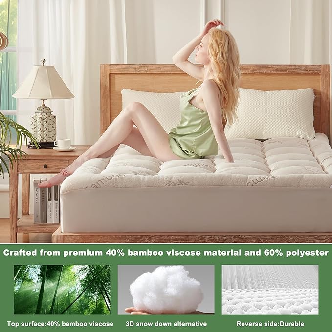BEDLORE California King Mattress Topper Viscose Derived from Bamboo, Thick Pillow Top Mattress Pad with Stretchable Pockets for 6"-18" Mattress, Soft Mattress Topper for Back Pain Relief(Beige)