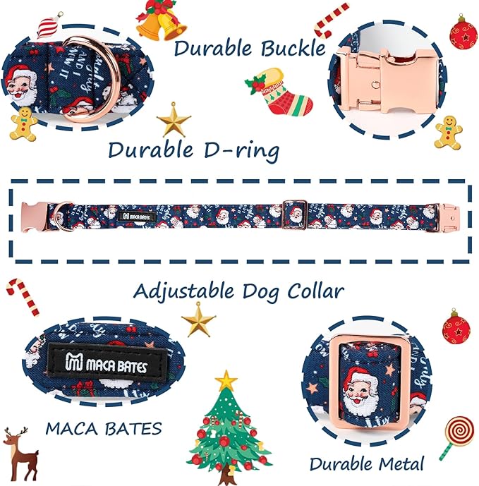 Maca Bates Christmas Dog Collar Cotton Soft Santa Claus Dog Collar with Metal Buckle Winter Dog Collar Adjustable for Small Medium Large Dog