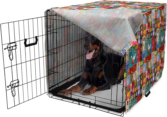 Lunarable Christmas Dog Crate Cover, Modern Design Theme Funny Xmas Winter Patterns Theme, Easy to Use Pet Kennel Cover for Medium Large Dogs, 42 Inch, Red Blue