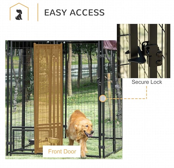 PawHut 8' x 4' x 6' Outdoor Dog Kennel with Rotating Bowl Holders, Walk-in Pet Playpen, Welded Wire Steel with Water and UV-Resistant Canopy, Red