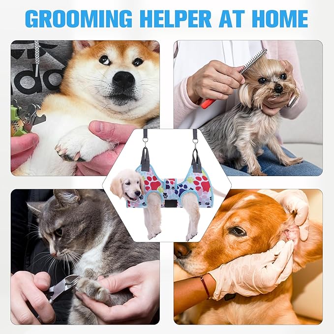 PAWCHIE Dog Grooming Hammock Harness for Dogs & Cats with Pet Nail Clipper Trimmer - Cat Hanger Sling for Trimming Clipping Nails- Dog Hammock Restraint Bag for Small Medium Large Dog, Blue XS