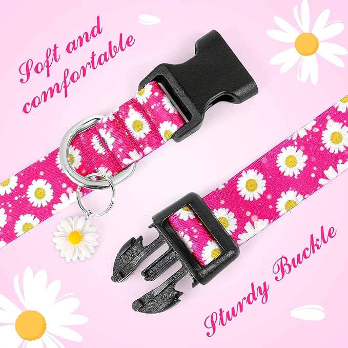 BiPawTi Floral Dog Collars for Large Dog - Soft Cute Dog Collars for Girls Dog Pretty Flower Collar with Daisies Charms, Gift for Female Male Boys Girls Dogs (L, Pink)