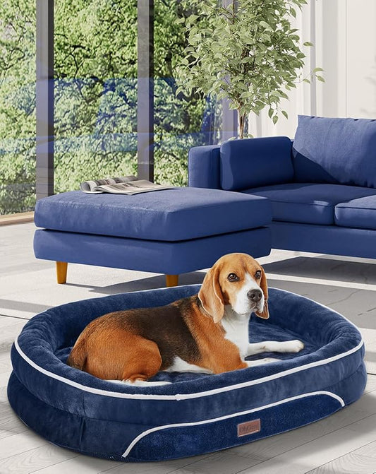 OhGeni Orthopedic Dog Bed for Large Dogs, Dog Couch Design with Egg Foam Support, Removable, Machine Washable Plush Cover and Non-Slip Bottom with Four Sided Bolster Cushion (Dark Blue)