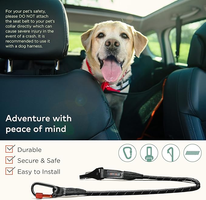 Dog Seat Belt for Car | Universal Dog Car Seatbelt | Durable Reflective Dog Seatbelt with Clip Hook Latch, Buckle and Alloy Carabiner- Safe and Secure Pet Safety Restraint for Dog