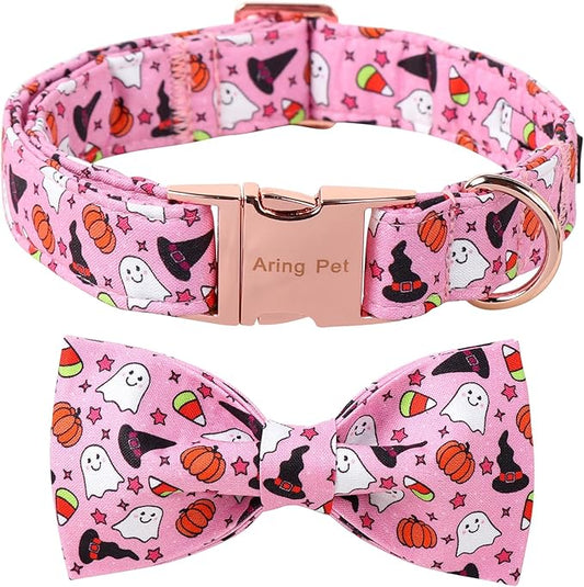 ARING PET Halloween Dog Collar-Cotton Pink Pumpkin Dog Collar with Bow, Adjustable Halloween Themed Bowtie Dog Collars Pet Necklace with Metal Buckle for Girl&Boy Dogs