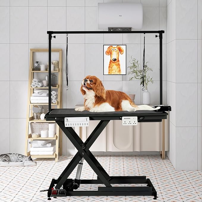 Professional Electric Dog Grooming Table Heavy Duty Pet Grooming Table Height Adjustable w/Leveling Wheels, Dog Grooming Arm, Anti Slip Tabletop &Tool Organizer, Dog Grooming Station 50" Black