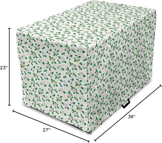 Lunarable Jasmine Dog Crate Cover, Gardenia Simplistic Romantic Flowers Continuous Pattern, Easy to Use Pet Kennel Cover for Medium Large Dogs, 36 Inch, Fern Green Pastel Yellow