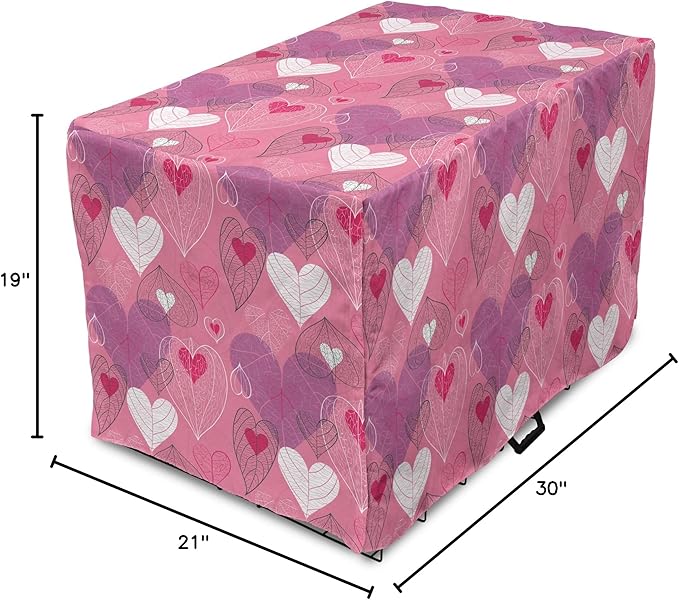 Lunarable Love Dog Crate Cover, Natural Theme Abstract Hearts Pattern Leaves Romantic Nature Art, Easy to Use Pet Kennel Cover for Cats & Medium Dogs, 30 Inch, Pink Purple