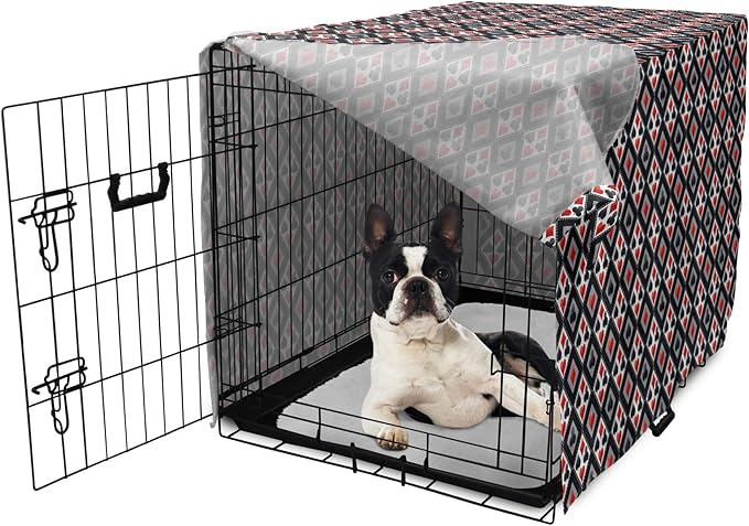 Lunarable Casino Dog Crate Cover, with Geometrical Design and Mosaic Composition Gamblers Club, Easy to Use Pet Kennel Cover for Small Dogs Puppies Kittens, 22 Inch, Black Red Grey