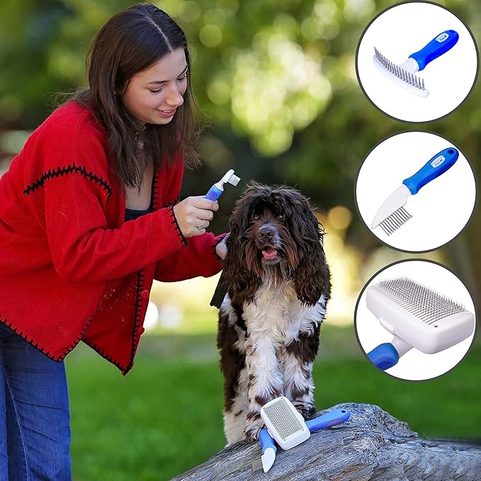 Self-Cleaning Slicker Brush for Dogs, Shedding Fur Comb, Dematting Comb & Nail Clipper Set for Dogs With Medium and Long Hair