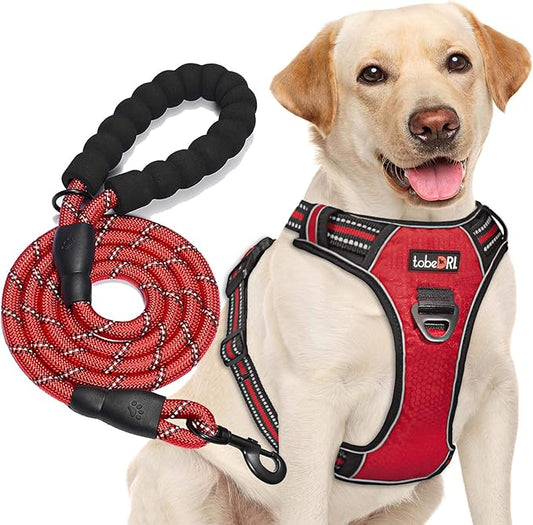 tobeDRI No Pull Dog Harness Adjustable Reflective Oxford Easy Control Medium Large Dog Harness with A Free Heavy Duty 5ft Dog Leash (XL (Neck: 21.5"-33", Chest: 30"-39.5"), Red Harness+Leash)