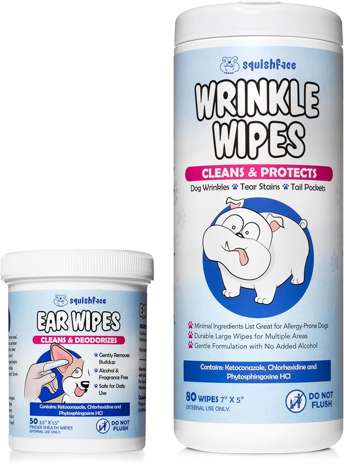 Squishface Wrinkle Wipes + Dog Ear Wipes Bundle - for Dogs with Wrinkles, Tear Stains, Tail Pockets, Irritated Paws & More - Great for All Breeds!