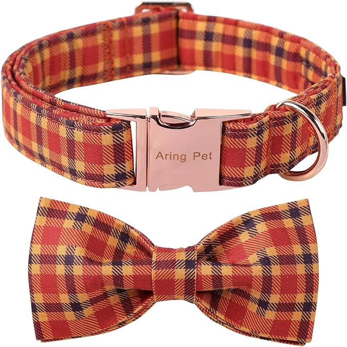 ARING PET Fall Dog Collar-Cotton Halloween Plaid Dog Collar with Bow, Adjustable Orange Autumn Bowtie Dog Collars Pet Necklace with Metal Buckle for Girl&Boy Dogs