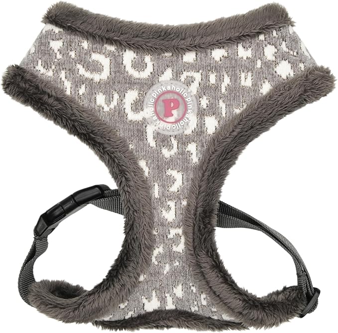 Pinkaholic New York Tailsy Dog Harness Over-The-Head Warm Winter Leopard Pattern Adjustable Chest for Small Dog, Grey, Large