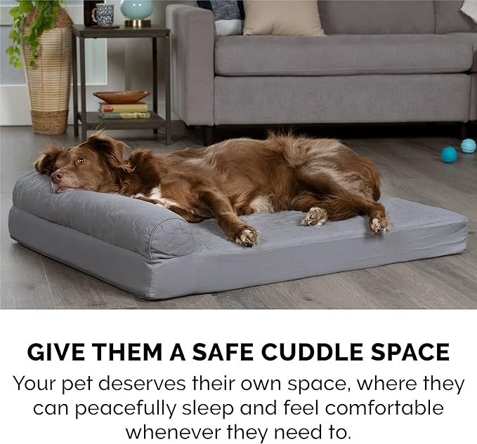 Furhaven Memory Foam Dog Bed for Medium/Small Dogs w/ Removable Bolsters & Washable Cover, For Dogs Up to 35 lbs - Pinsonic Quilted Paw L Shaped Chaise - Titanium, Medium