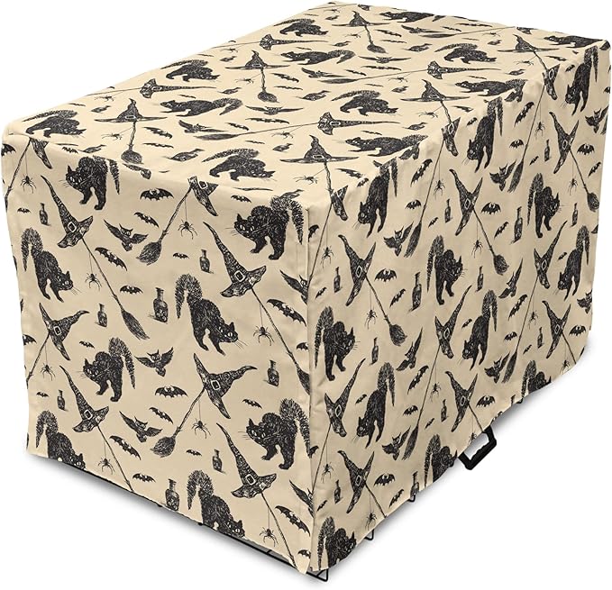 Lunarable Halloween Dog Crate Cover, Sketch Drawn Bat Cat Spider Witch Hat and Broom Pattern, Easy to Use Pet Kennel Cover for Medium Large Dogs, 36 Inch, Grey Beige Charcoal
