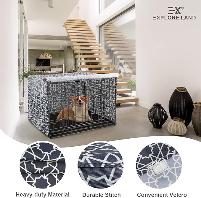 Explore Land Pattern Dog Crate Cover for 30 Inches Wire Cage, Heavy-Duty Polyester 1 2 3 Doors Standard Metal Pet Kennel Enclosure (Morocco)